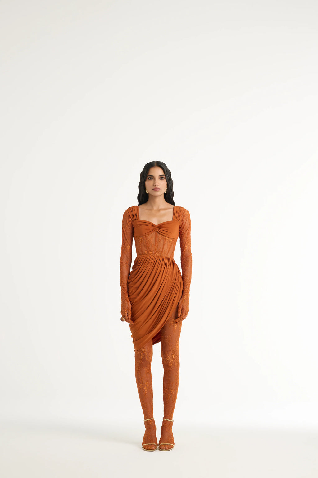 Draped Lace Dress Set in Orange
