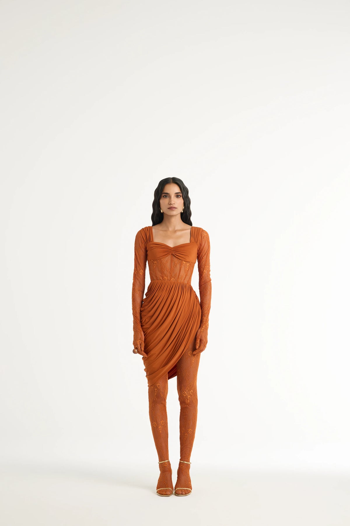 Draped Lace Dress Set in Orange