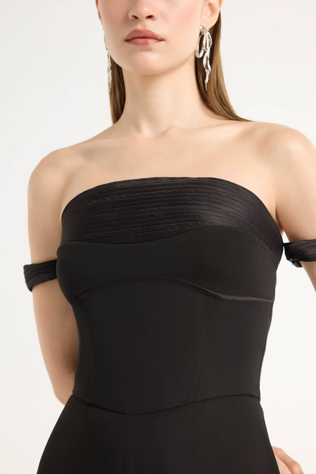 Off-Shoulder Pleated Jumpsuit in Black