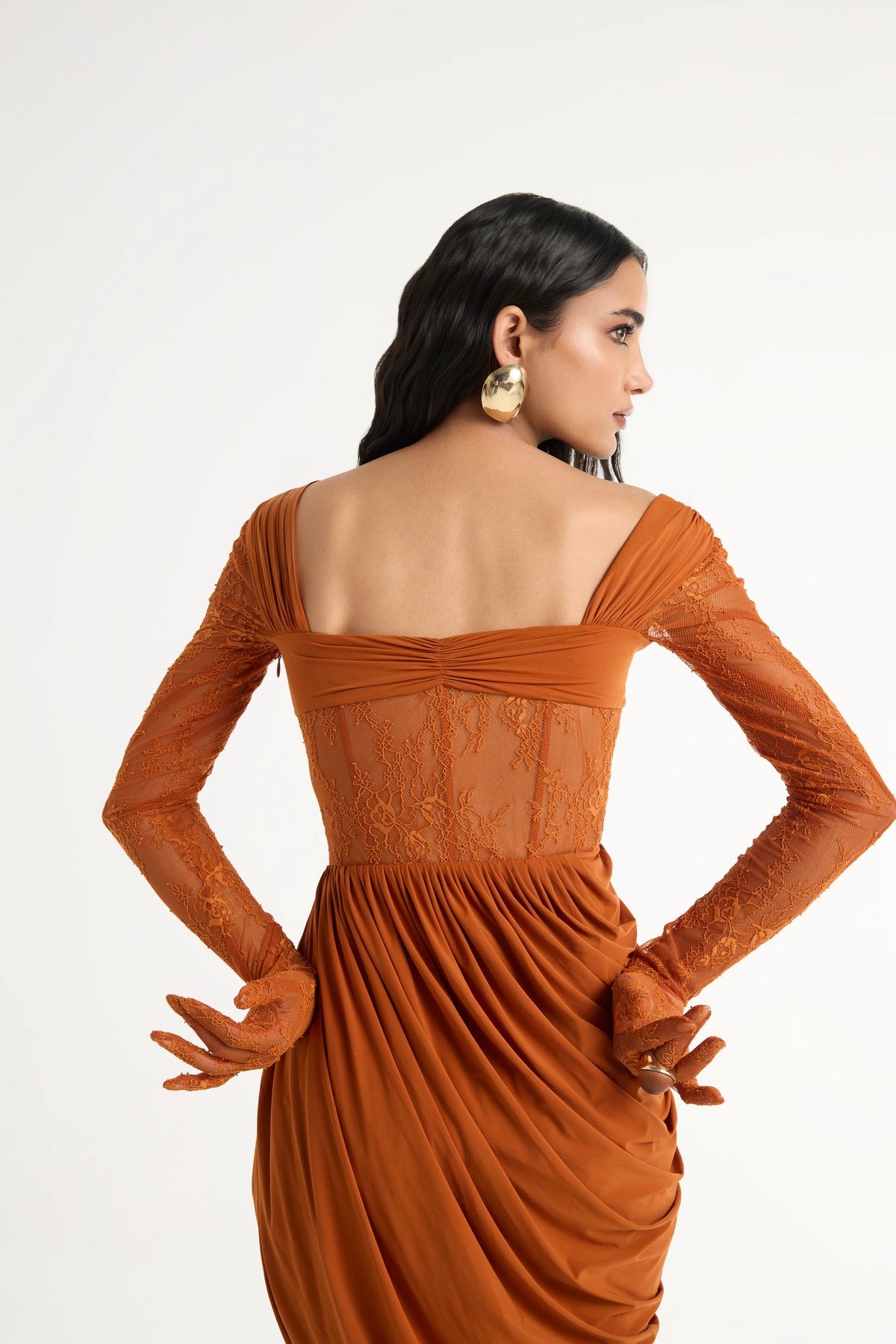 Draped Lace Dress Set in Orange