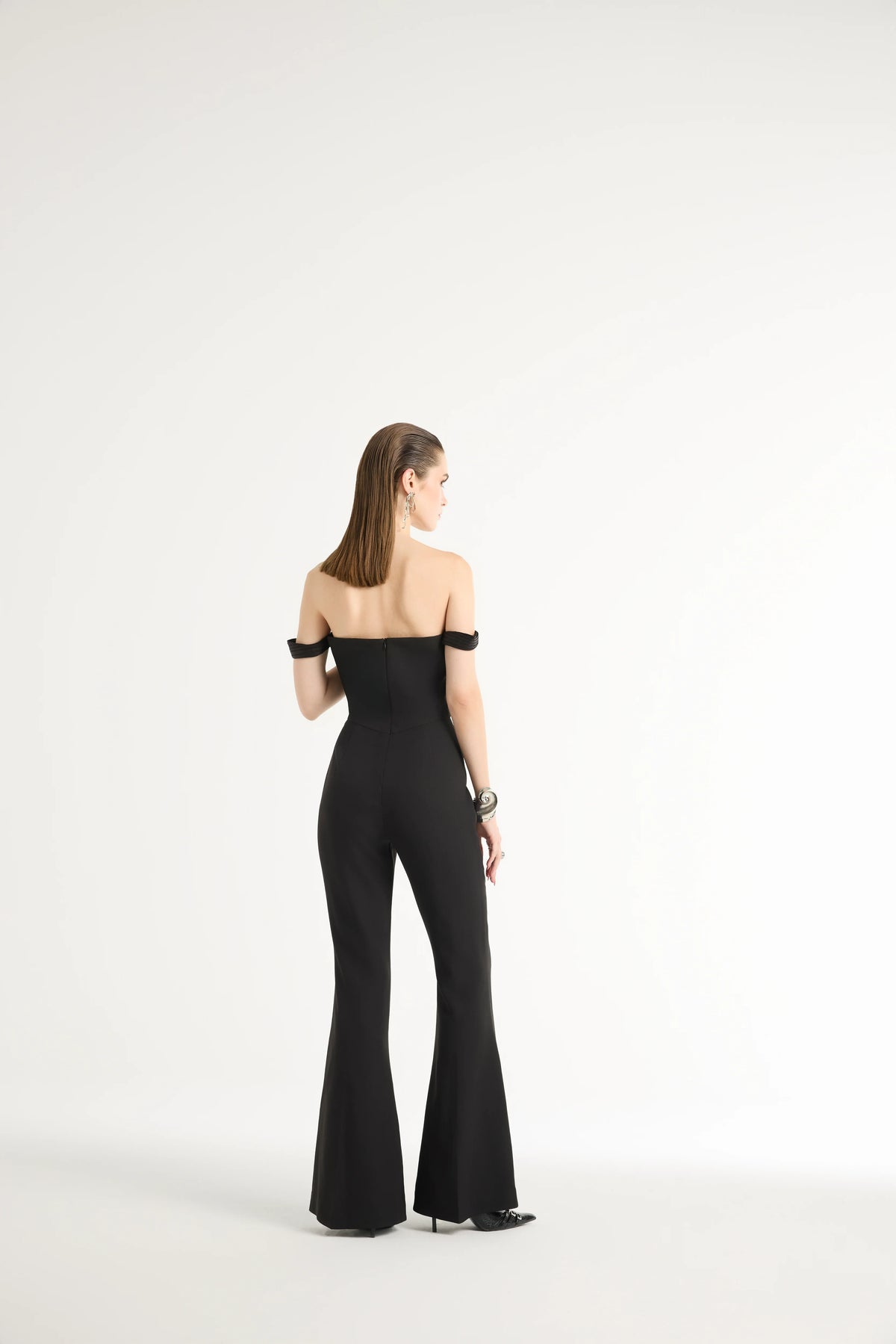 Off-Shoulder Pleated Jumpsuit in Black