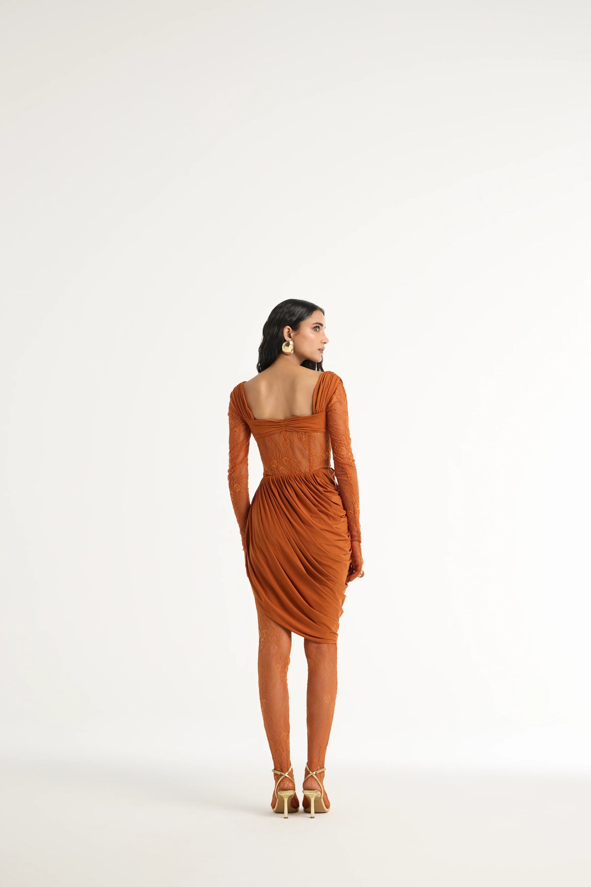 Draped Lace Dress Set in Orange