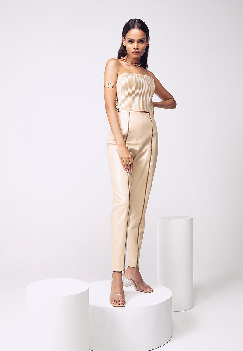 Artificial Leather Zip Pants in Beige