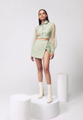 Asymmetrical Pleated Co-ord Set in Pastel Green