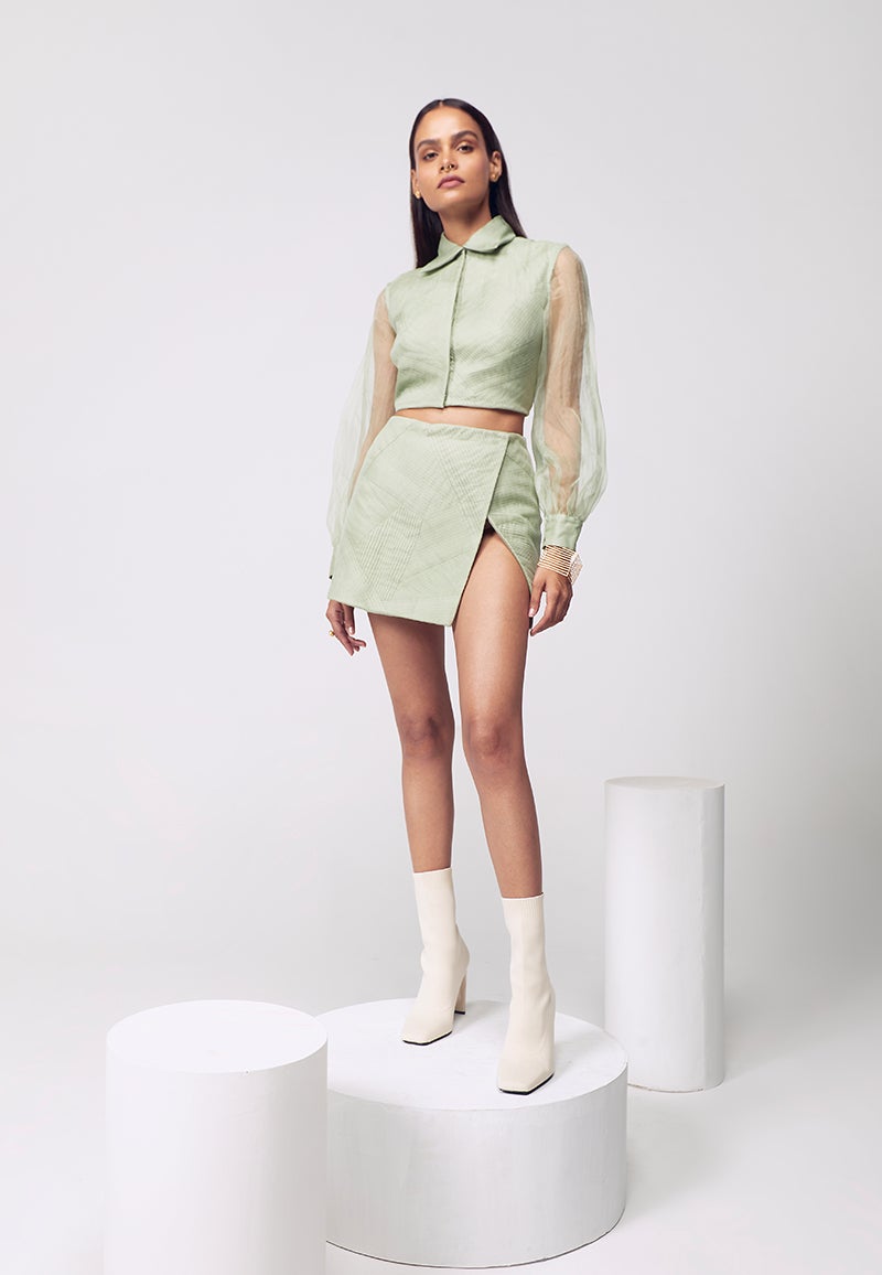 Asymmetrical Pleated Co-ord Set in Pastel Green