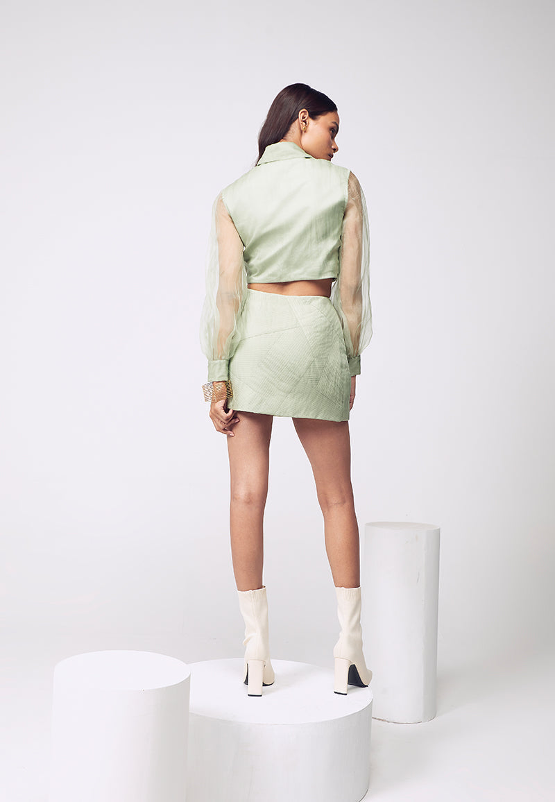 Asymmetrical Pleated Co-ord Set in Pastel Green