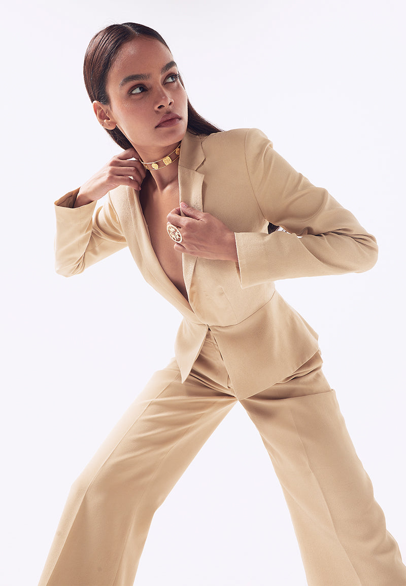 Back-Pleated Power Suit in Beige