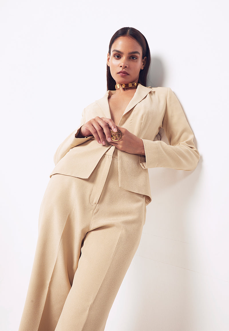 Back-Pleated Power Suit in Beige