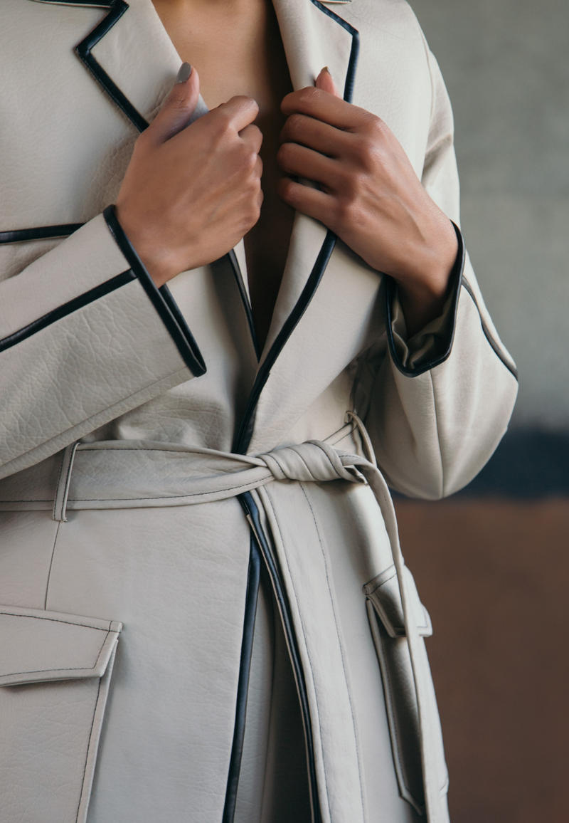 Back pleated artificial leather jacket