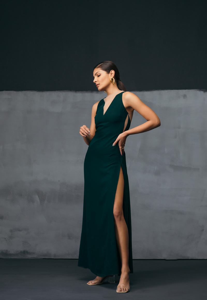 BACK-PLEATED MAXI IN GREEN