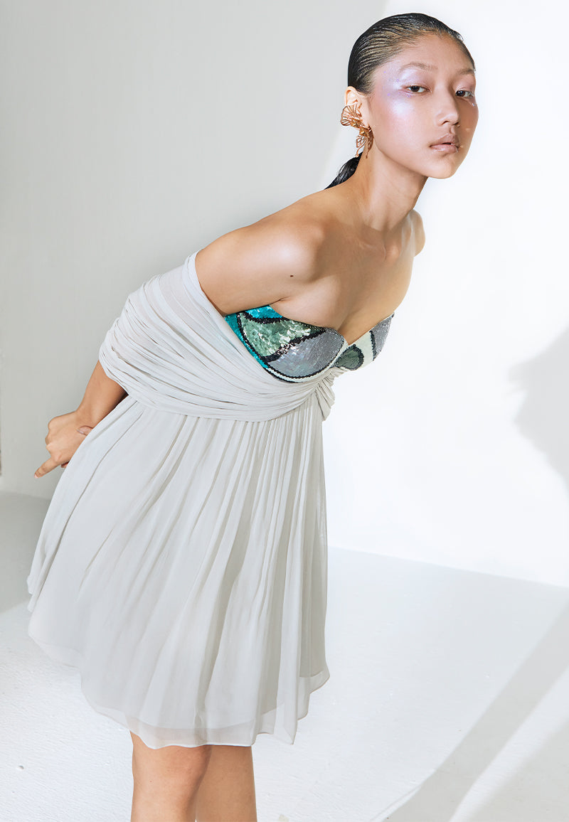 Bandeau Embellished Flared Dress in Grey