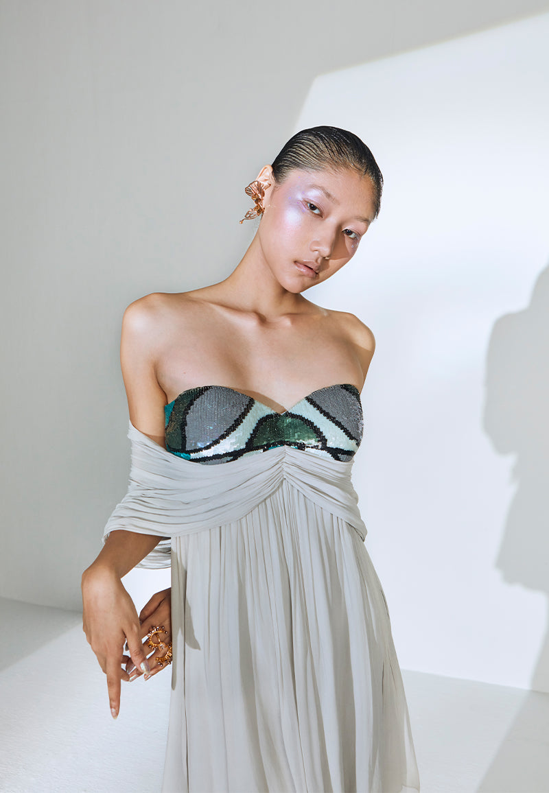 Bandeau Embellished Flared Dress in Grey