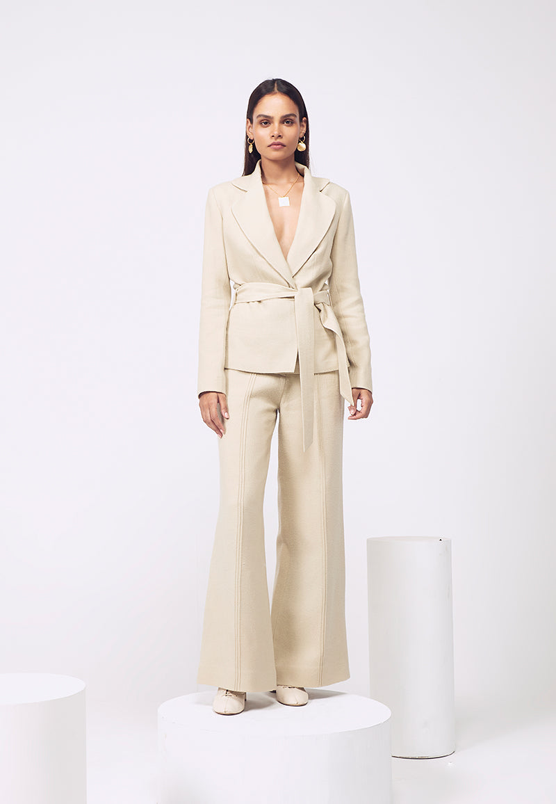 Boned Wrap Wool Co-ord Set in Beige