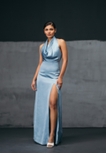 DRAPED COWL NECKLINE MAXI IN TURQUOISE