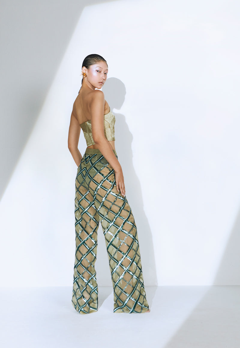Embellished Sheer Pants in Olive Green