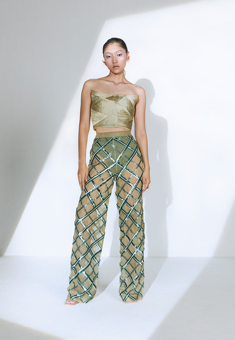 Embellished Sheer Pants in Olive Green