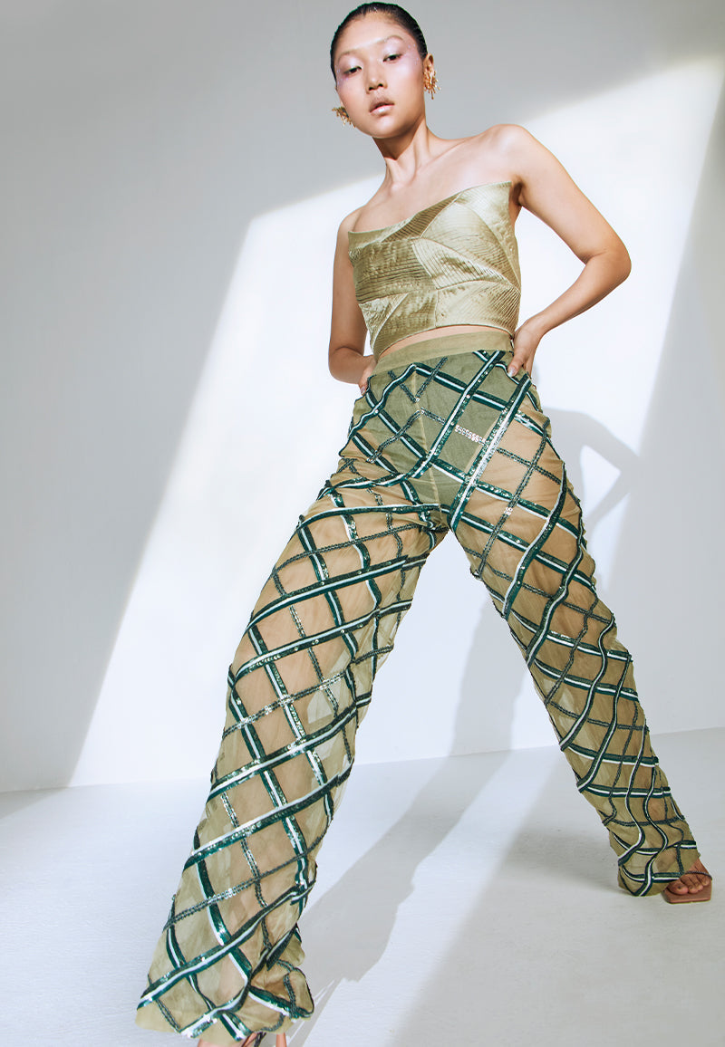 Embellished Sheer Pants in Olive Green
