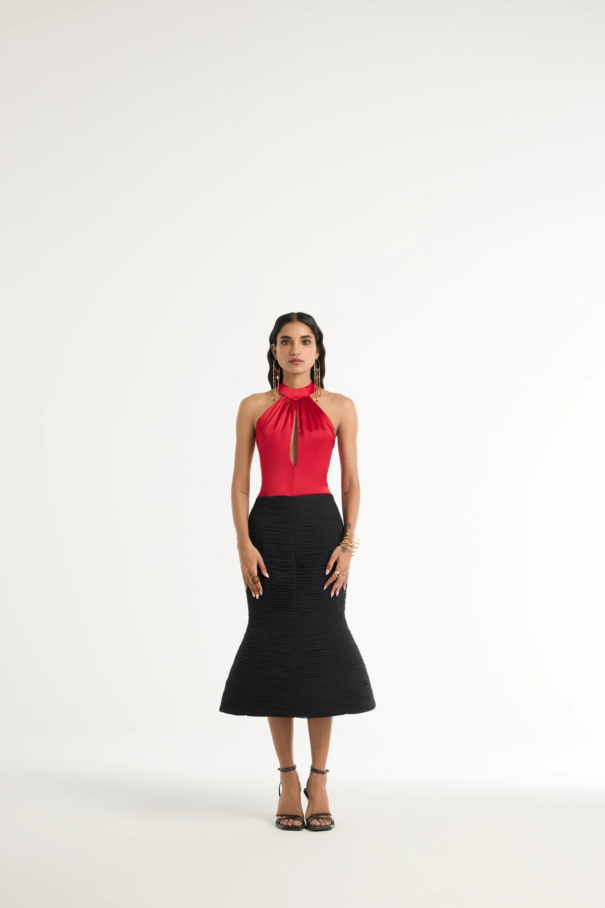Ruched Dome Midi Skirt in Black
