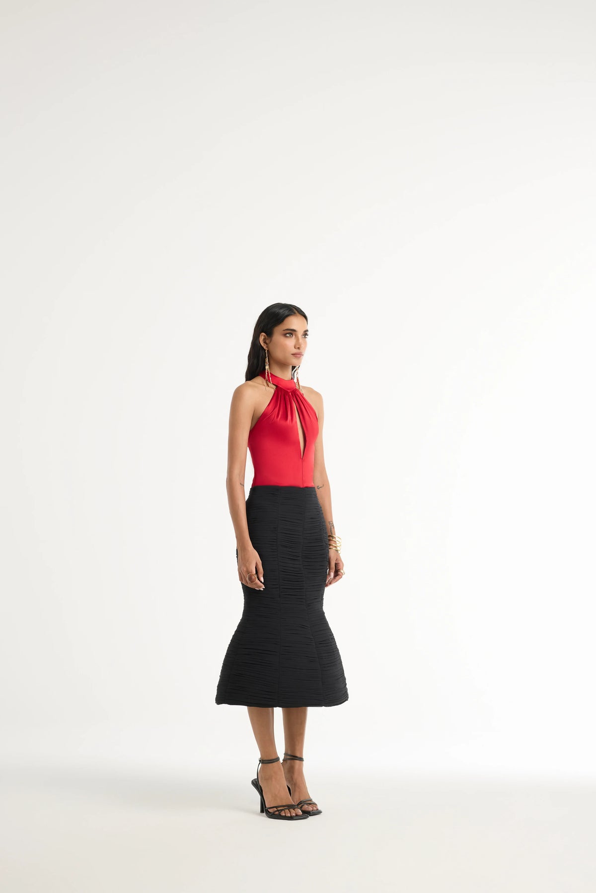 Ruched Dome Midi Skirt in Black