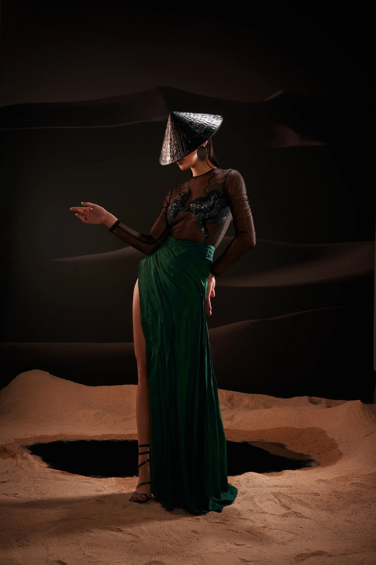 Sheer Embellished Asymmetrical Dress in Green