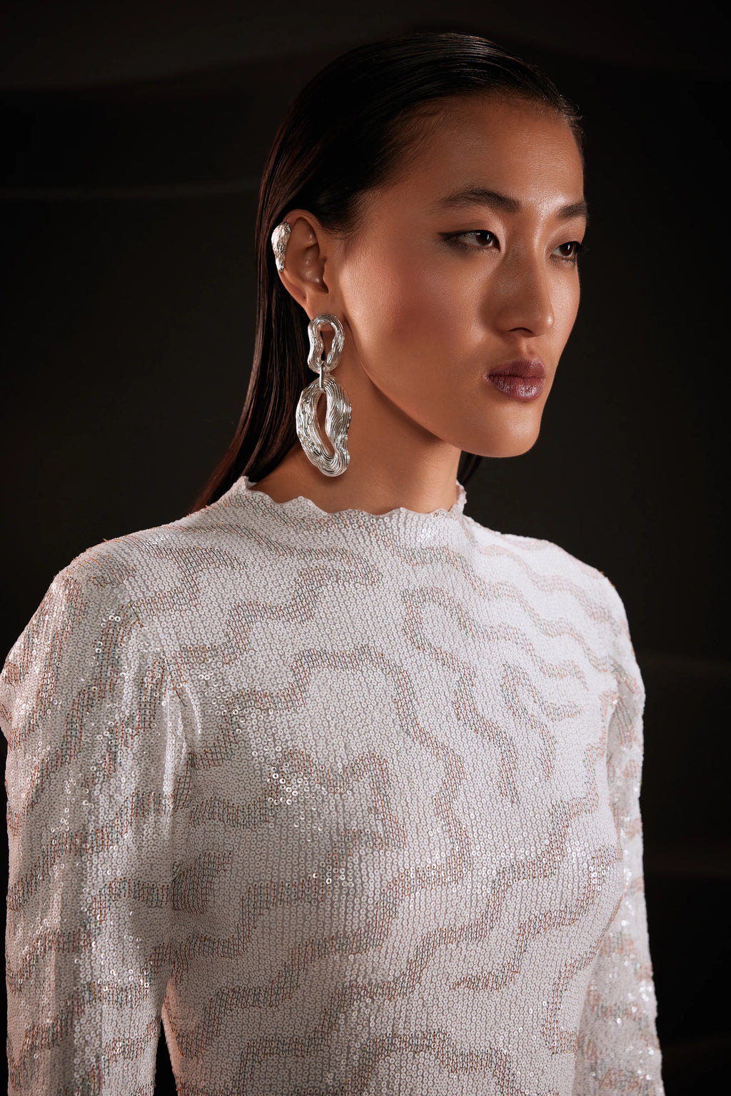Thread Embroidered Sequin Mini Dress in White