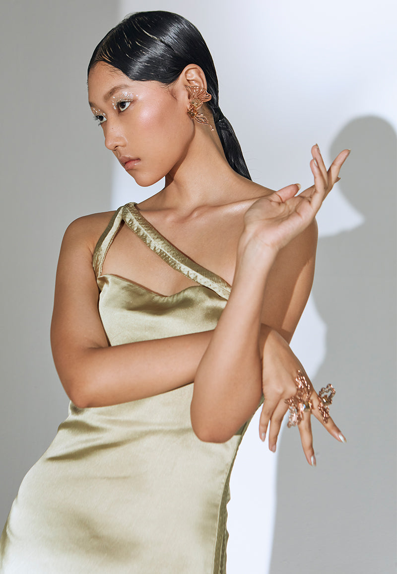 Pleated Asymmetrical Slip Dress in Olive Green