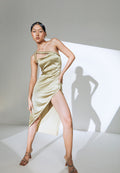 Pleated Asymmetrical Slip Dress in Olive Green