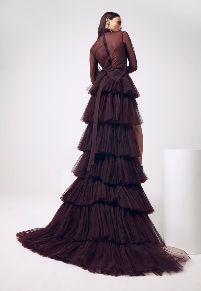Ruffled 3-Piece Gown in Wine