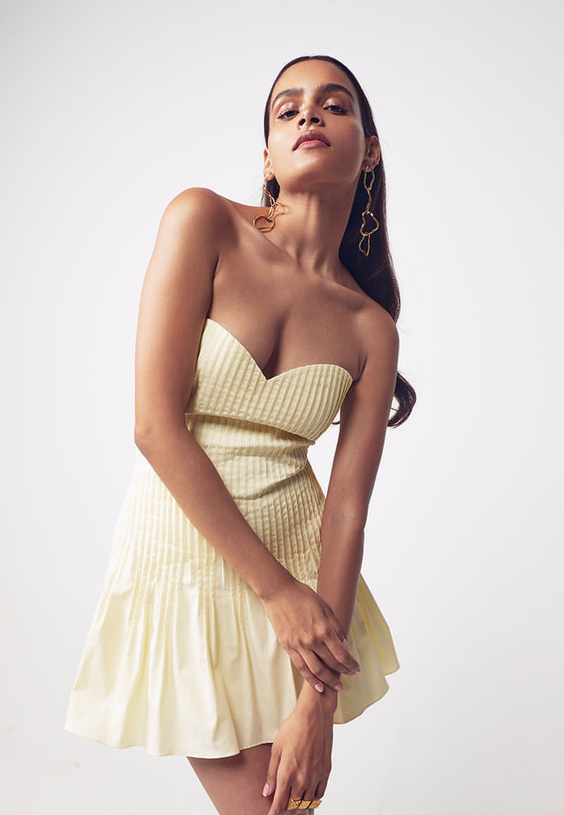 Sweetheart Tucked Mini Dress in Yellow