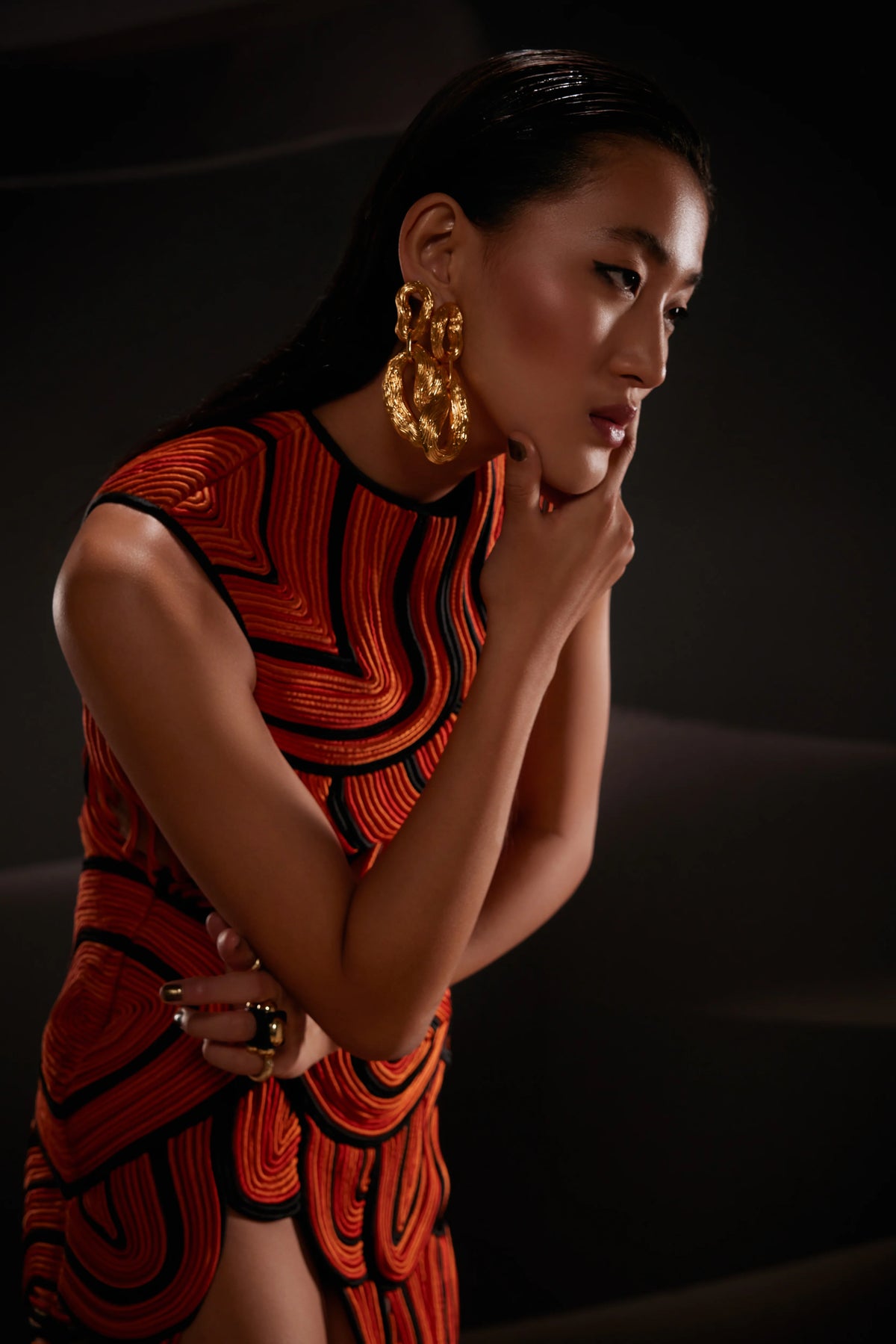 Swirl High-Slit Midi Dress in Orange