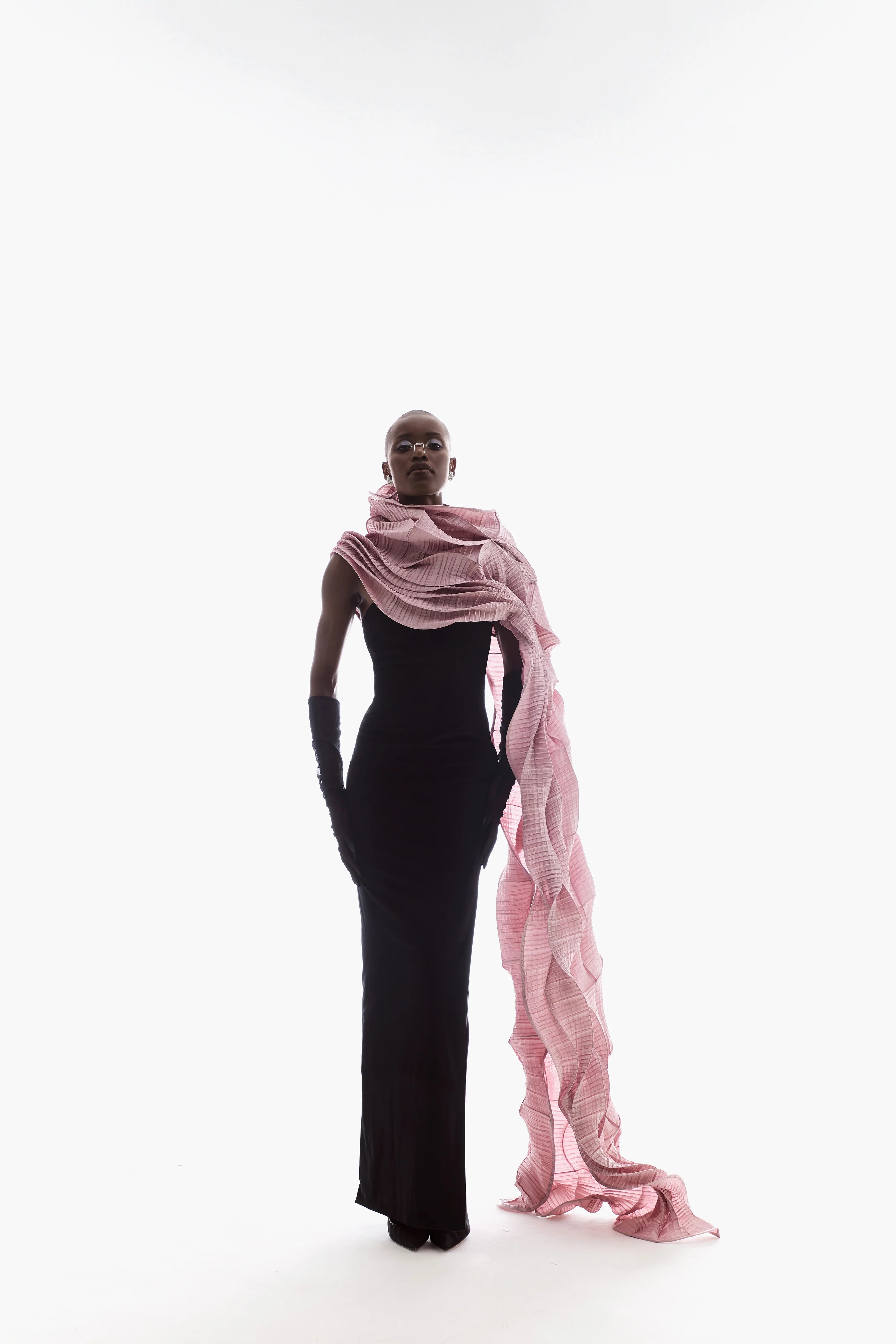 BANDEAU VELVET GOWN WITH DETACHABLE DRAPE