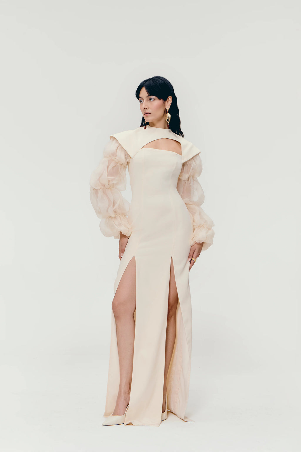 Cut-Out Paneled Column Gown in Ivory