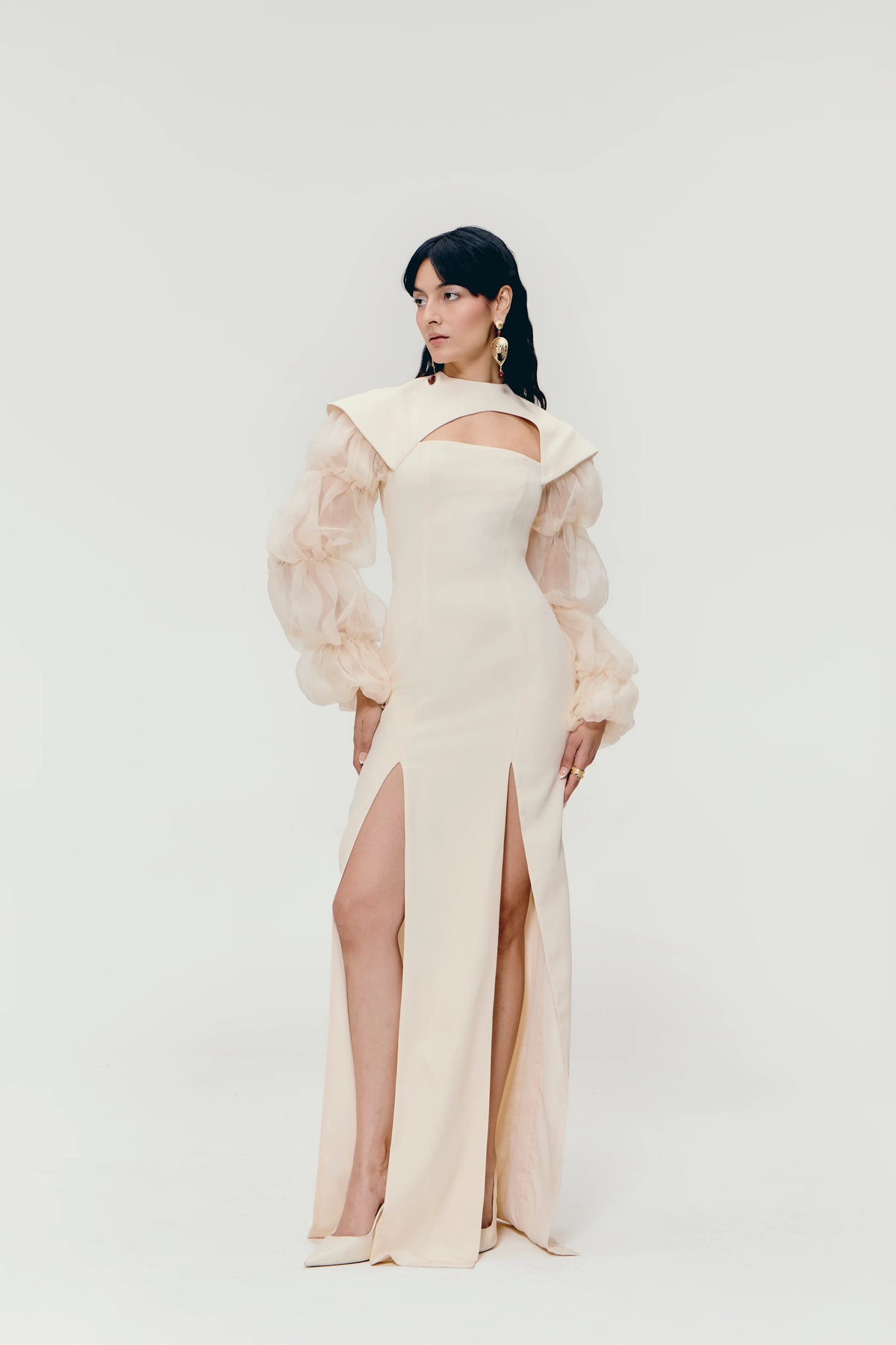 Cut-Out Paneled Column Gown in Ivory