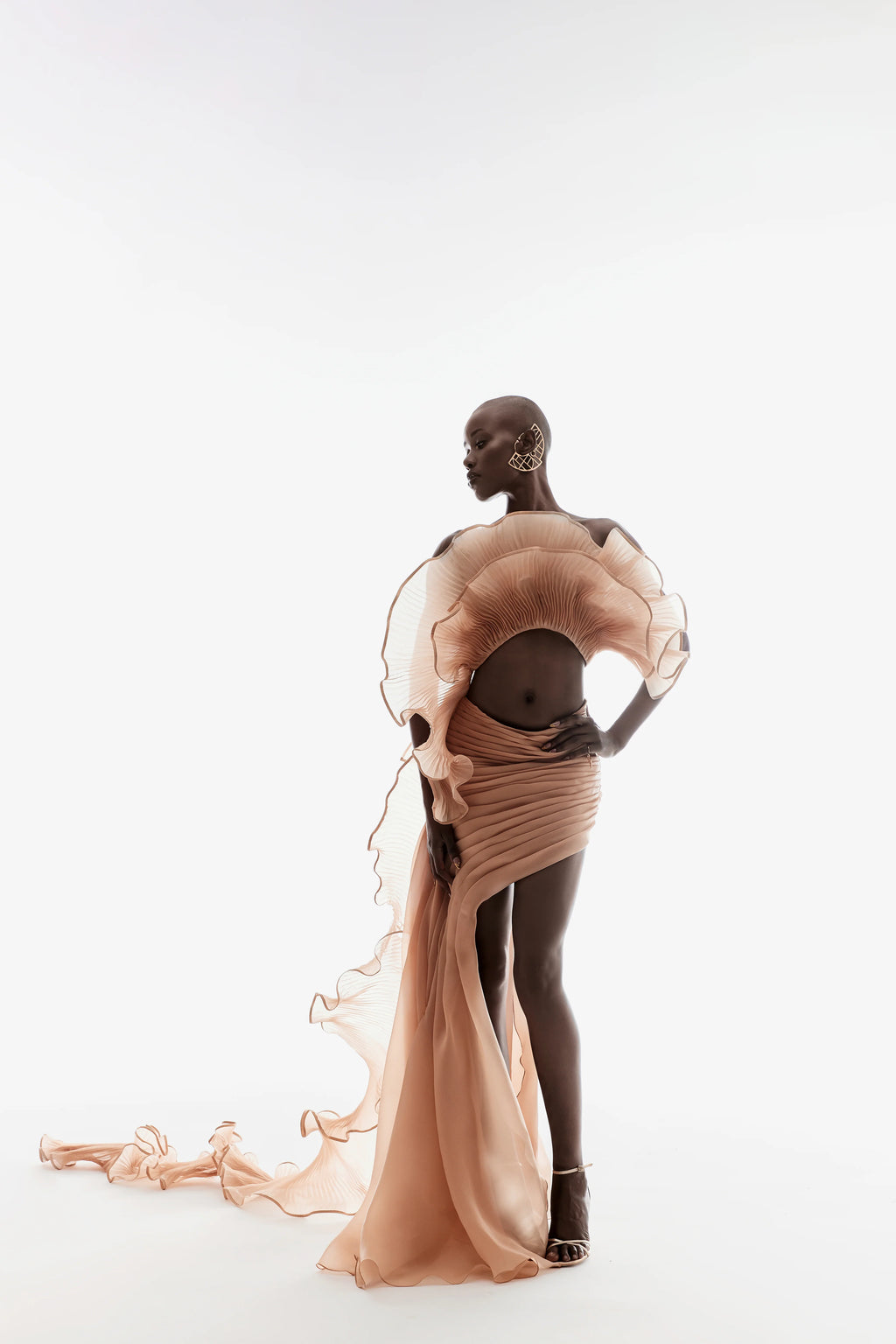 DRAPED AND PLEATED CUT-OUT MAXI IN LIGHT GOLD