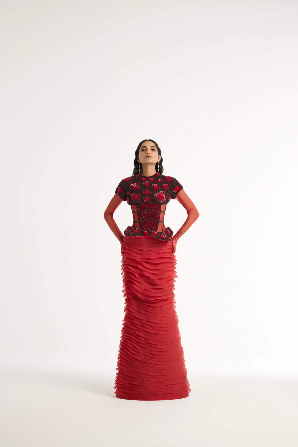 Embroidered Structured Gown with Detachable Veil in Red