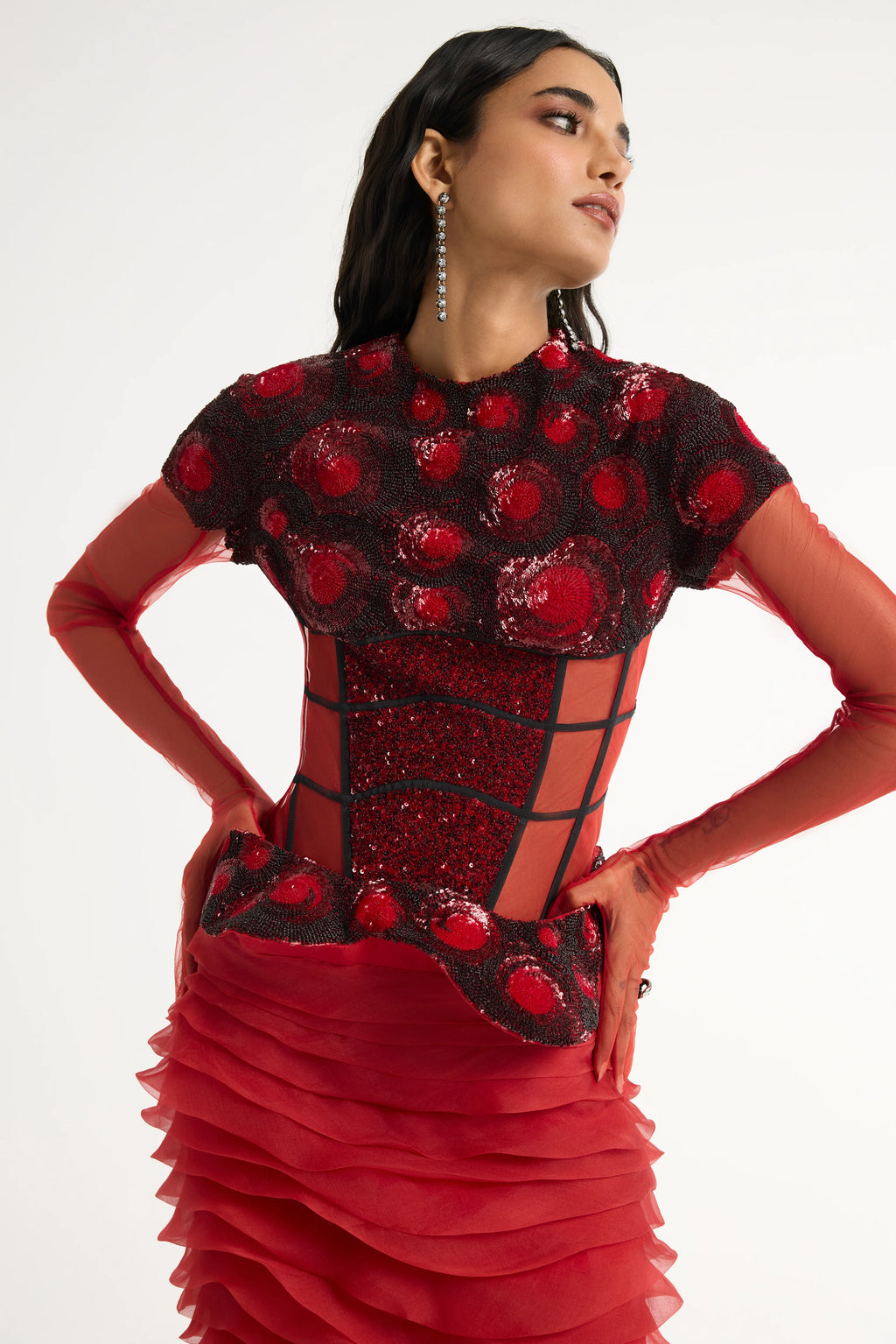 Embroidered Structured Gown with Detachable Veil in Red