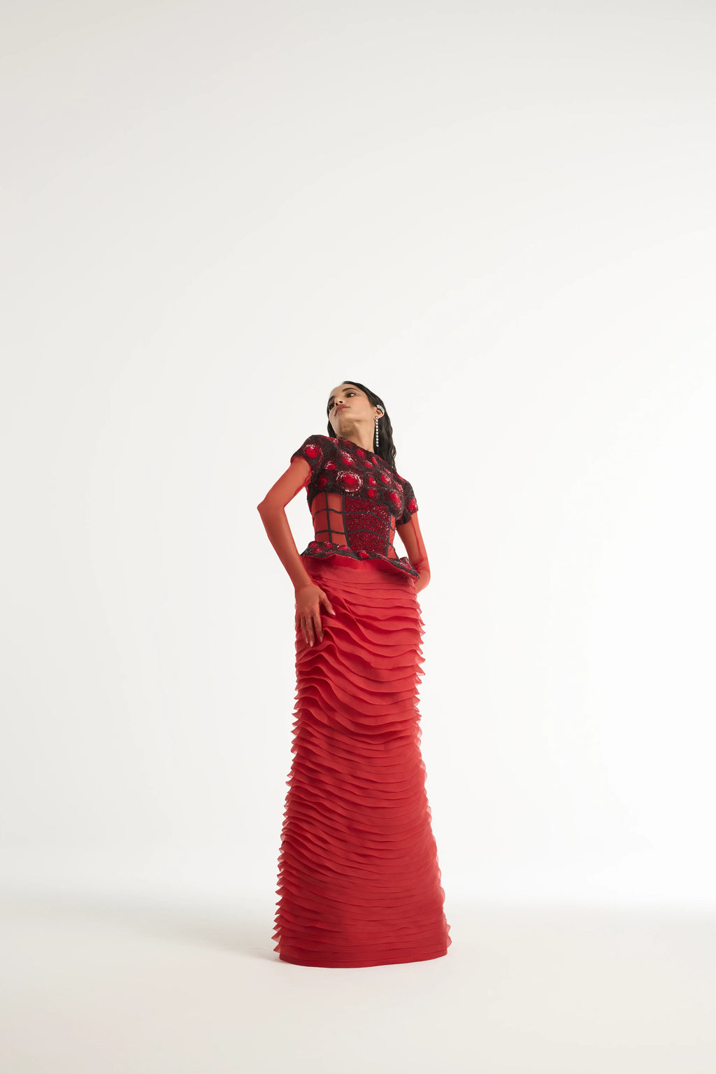 Embroidered Structured Gown with Detachable Veil in Red
