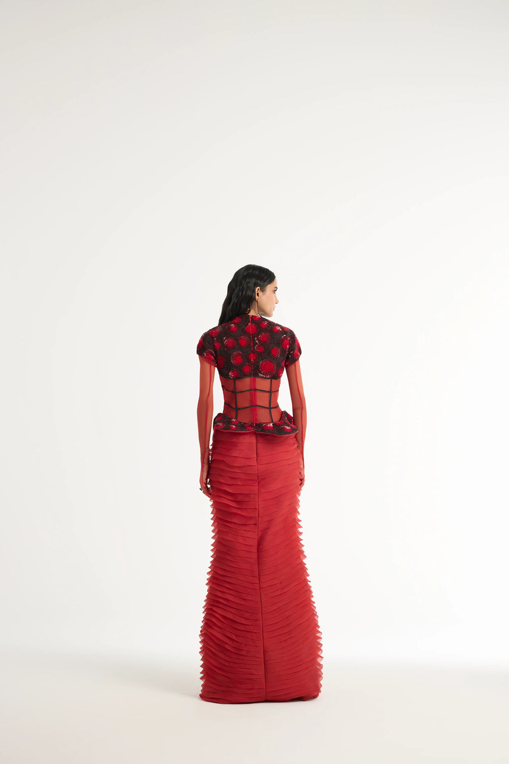 Embroidered Structured Gown with Detachable Veil in Red