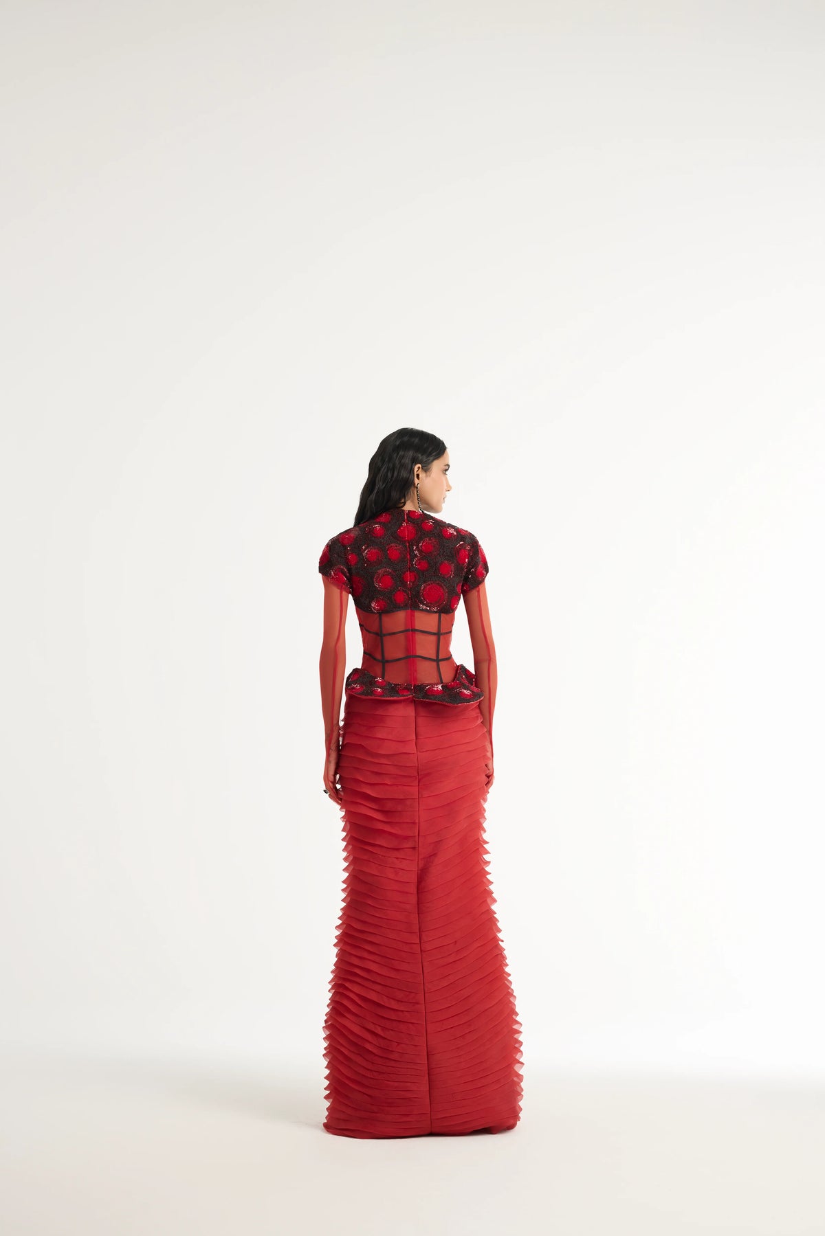 Embroidered Structured Gown with Detachable Veil in Red