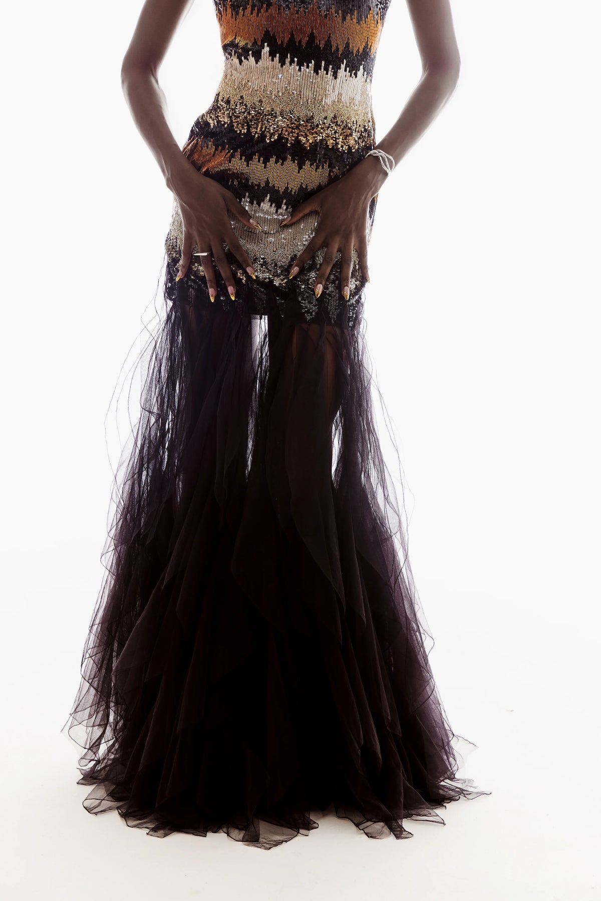 HAND-EMBELLISHED RUFFLE GOWN IN BLACK