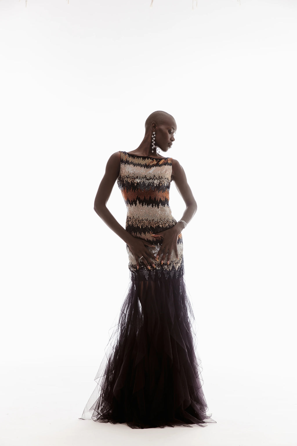 HAND-EMBELLISHED RUFFLE GOWN IN BLACK