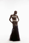 HAND-EMBELLISHED RUFFLE GOWN IN BLACK