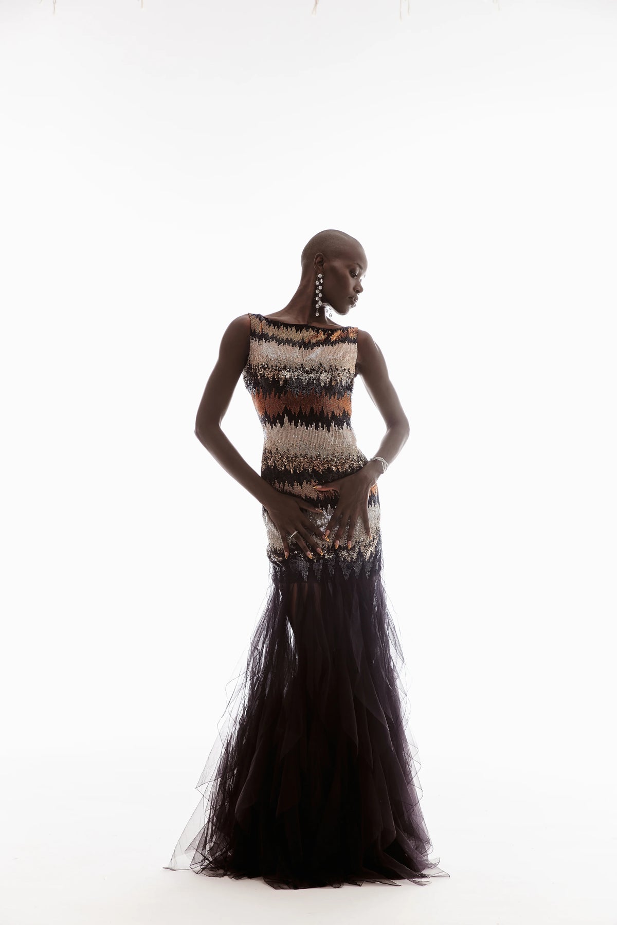 HAND-EMBELLISHED RUFFLE GOWN IN BLACK