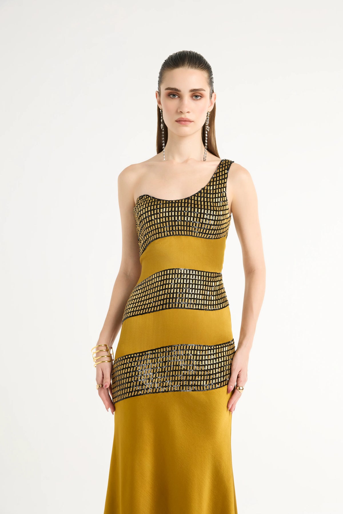 Metal Embellished One-Shoulder Maxi in Gold