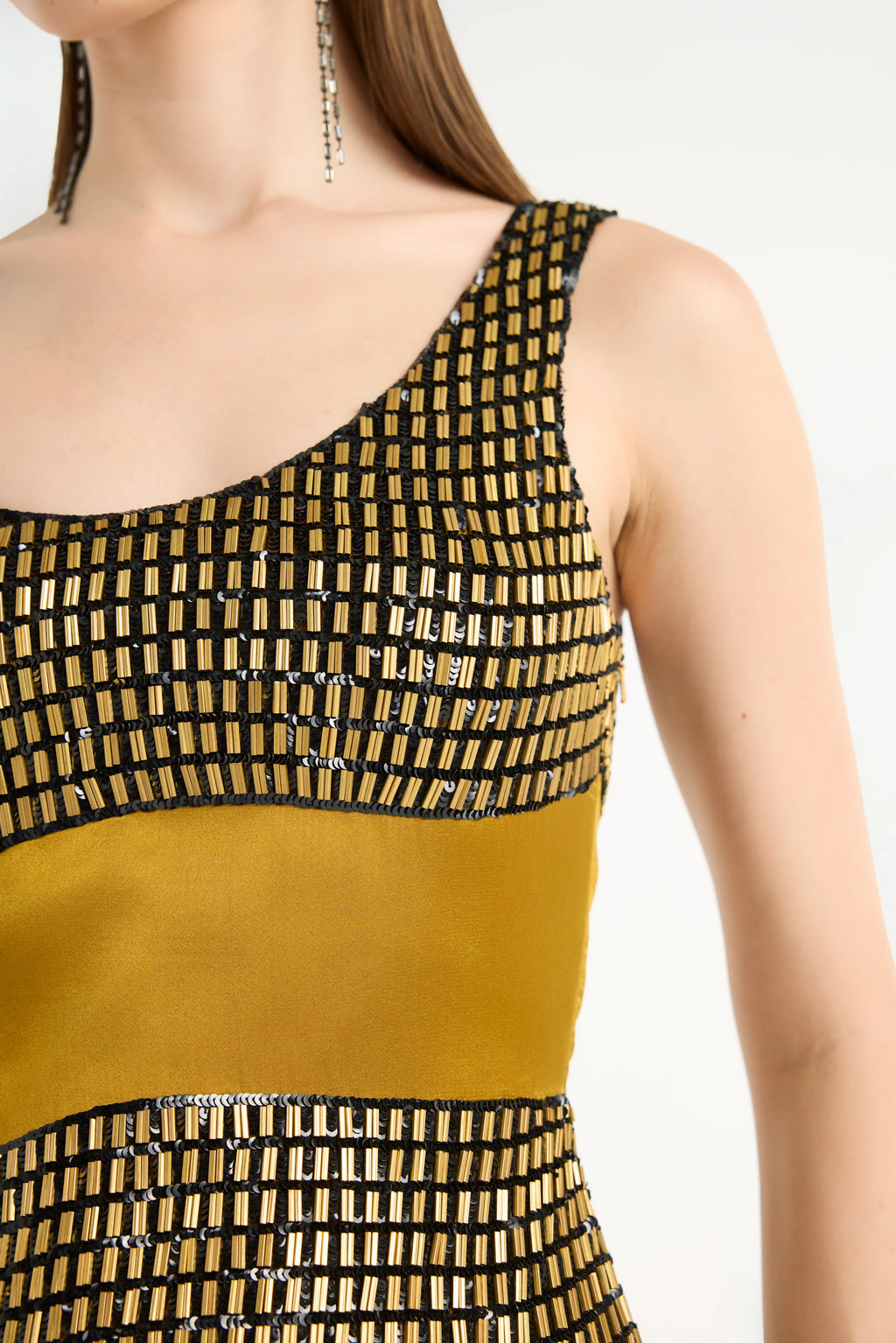 Metal Embellished One-Shoulder Maxi in Gold