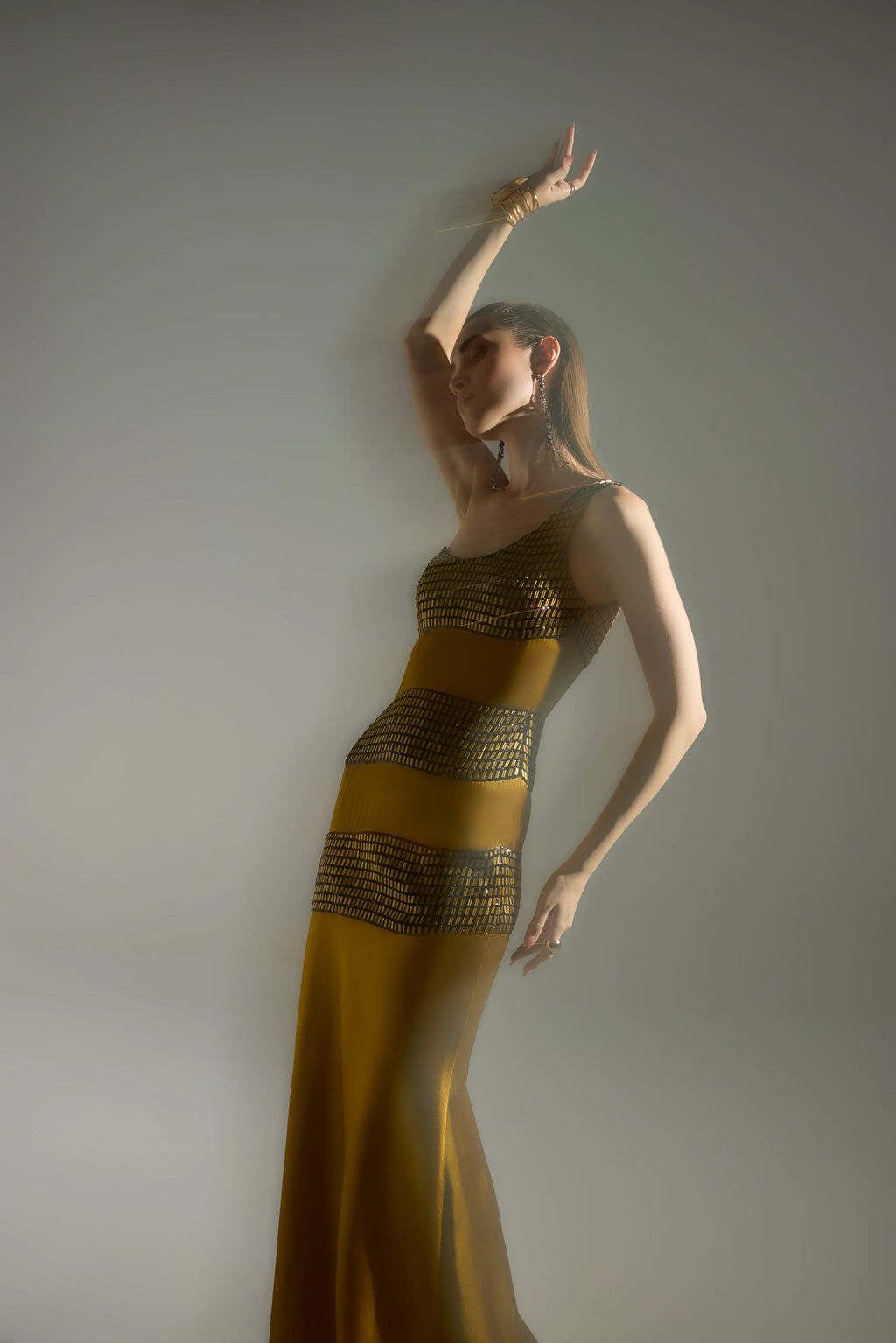 Metal Embellished One-Shoulder Maxi in Gold