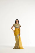 Metal Embroidered Gown with Detachable Cape in Gold
