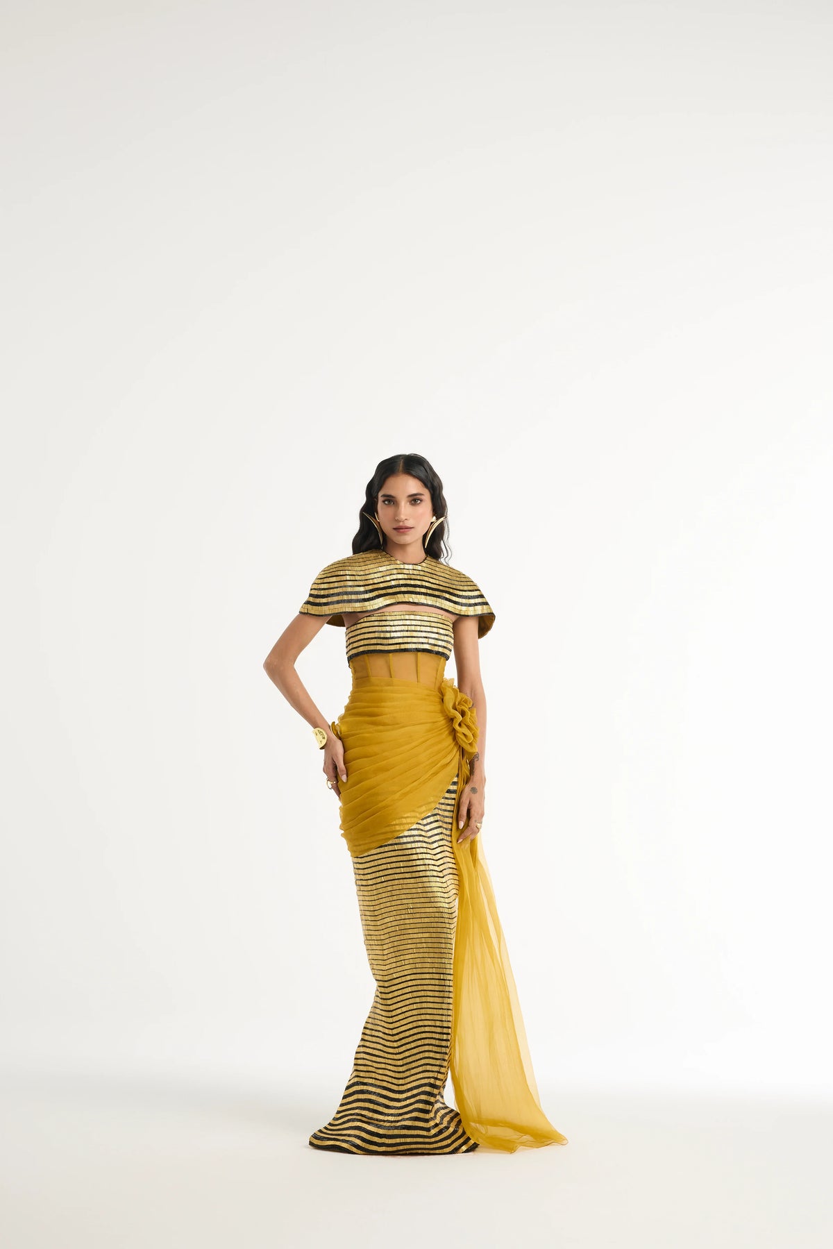Metal Embroidered Gown with Detachable Cape in Gold