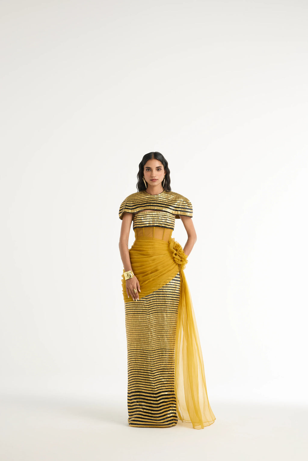 Metal Embroidered Gown with Detachable Cape in Gold