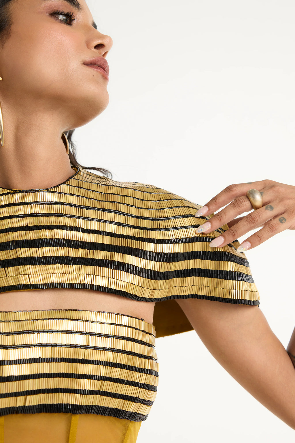 Metal Embroidered Gown with Detachable Cape in Gold